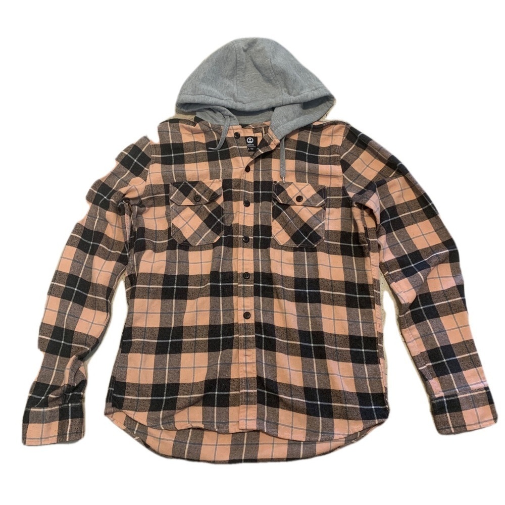Amnesia Black & Peach Plaid Hooded Flannel Shirt - Size Medium